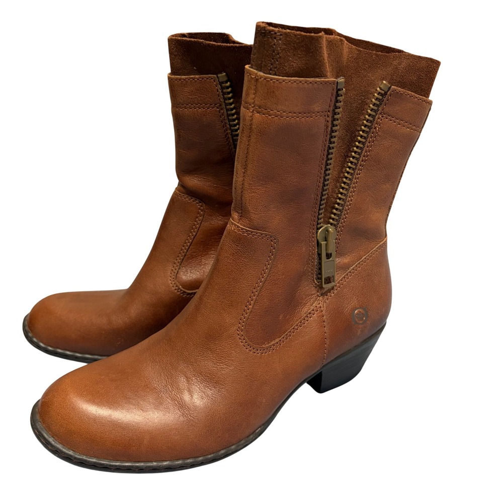 Born B50723 Cognac Brown Leather Suede Side Zip Ankle Boots Womens 7.5 EU 38.5